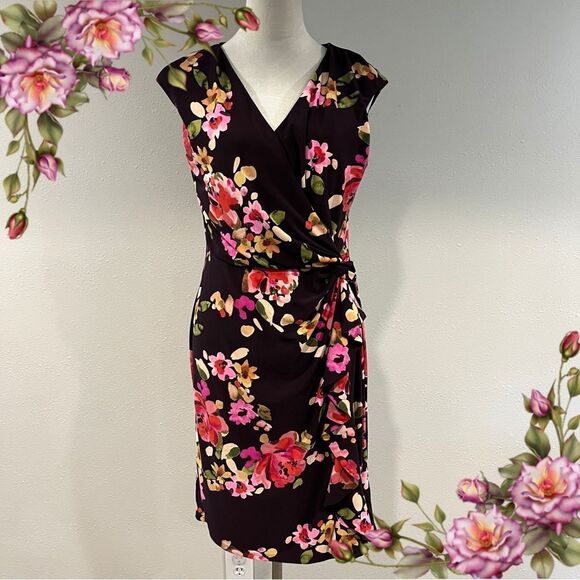 Chaps Sleeveless Floral fake Wrap knee length formal Dress size large - Picture 1 of 11